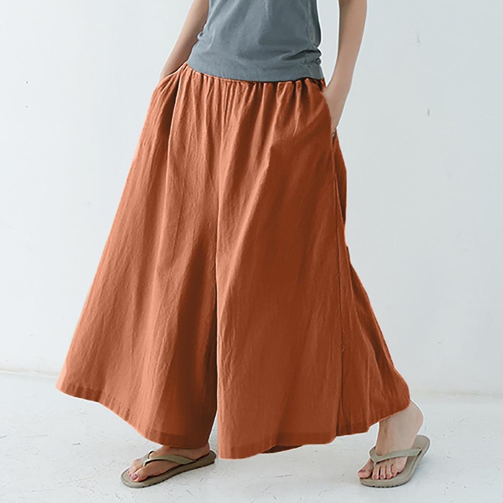 Women's Fashion Spring And Summer All-match Comfortable Solid Color Elastic Waist Cotton Linen Trousers