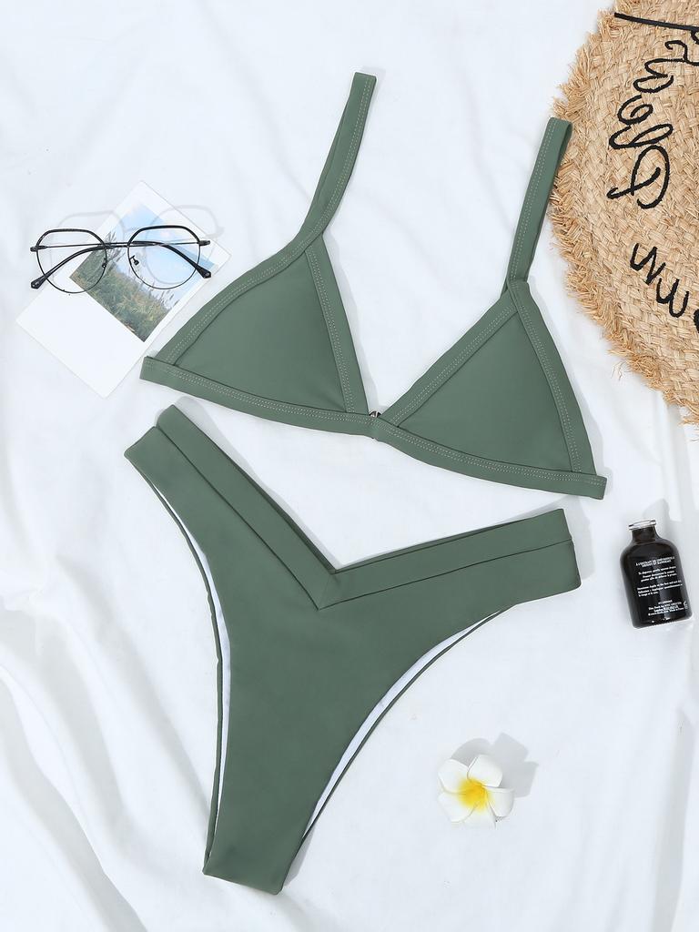 Женское сексуальное однотонное бикини с треугольной чашкой и V-образной талией с заниженной талией