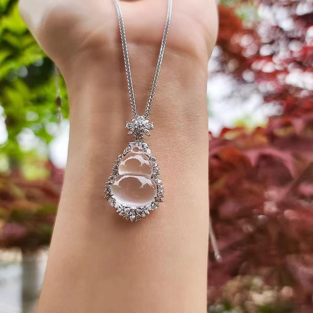 Подвеска-тыква из чистого серебра S925 с натуральным миццонитовым жадеитом - Высокий сорт льда для женщин, с китайским шармом Фу Лу