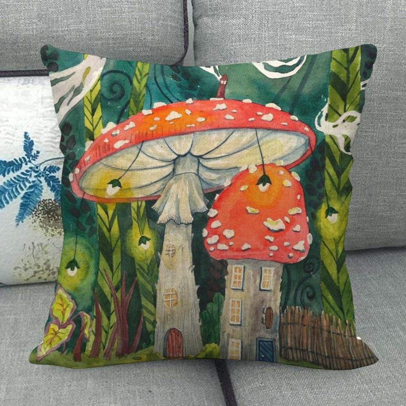 45X45см Наволочка с грибным артом Квадратная на молнии Хлопково-льняные наволочки Спальня Дом Офис Декоративная наволочка WJY12.25