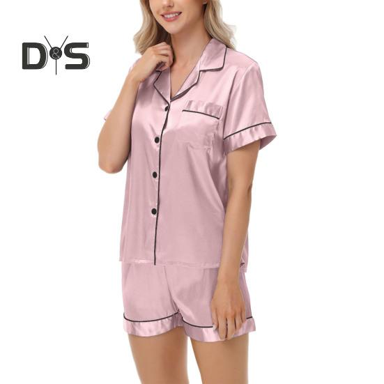 Пижамный костюм из 2 предметов, атласный однобортный кардиган, рубашка с V-образным вырезом, воротником-стойкой, однотонная рубашка с нагрудным карманом, свободные шорты, ночная рубашка, одежда для сна