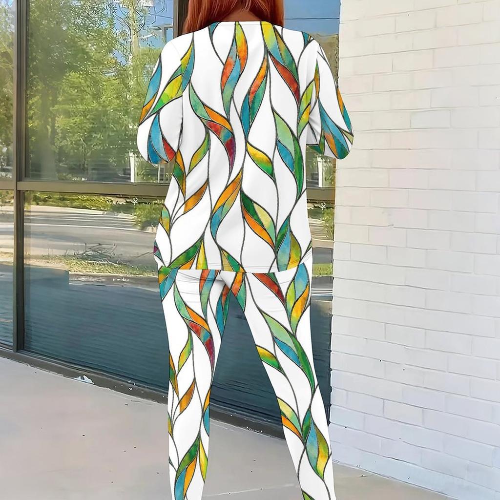 Women Plus Size Round Neck Long Sleeve Tropical Leaf Printed Top And Fitted Pants Two Piece Set
