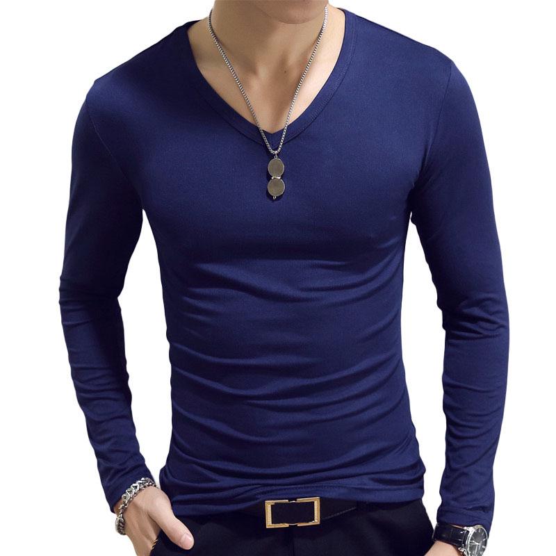 Fashionable Men Slim Fit T-shirt Long Sleeve Tops Pullover V-Neck Blouse Casual Fashion Tees