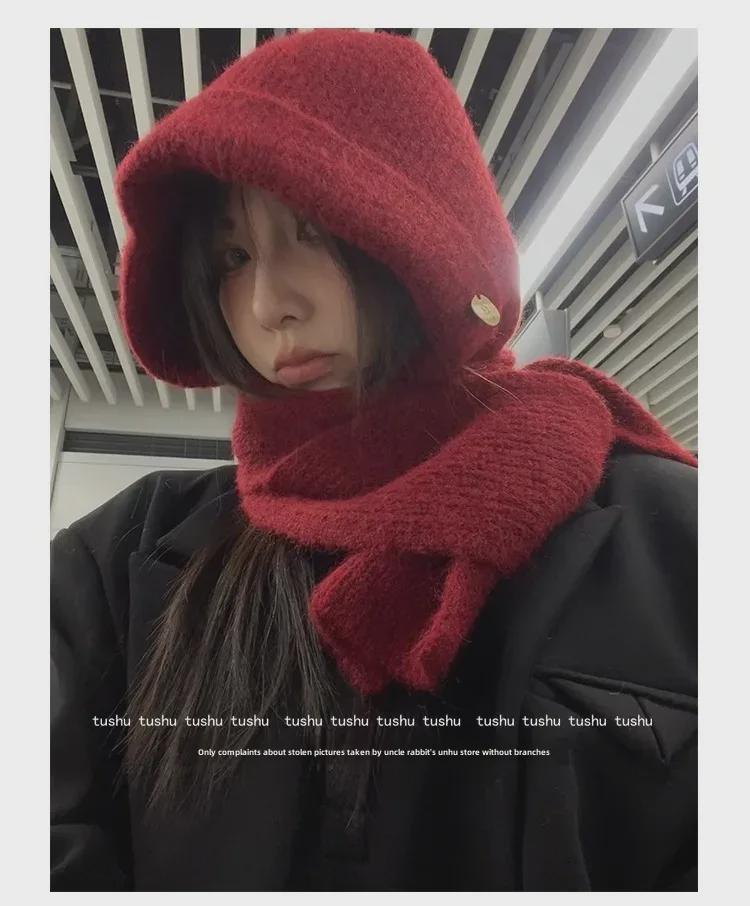 Высококачественная красная шерстяная шапка-балаклава для женщин с защитой ушей и шарфом