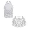 Girls  Jazz Dance Outfit Halter Sleeveless Sequin Crop Top Tiered Ruffle Skirted Shorts Set