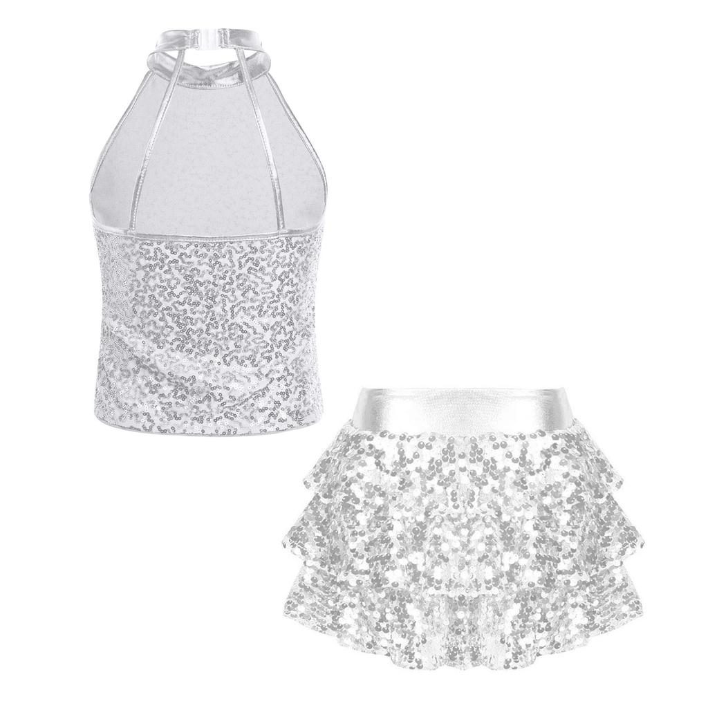 Girls Jazz Dance Outfit Halter Sleeveless Sequin Crop Top Tiered Ruffle Skirted Shorts Set