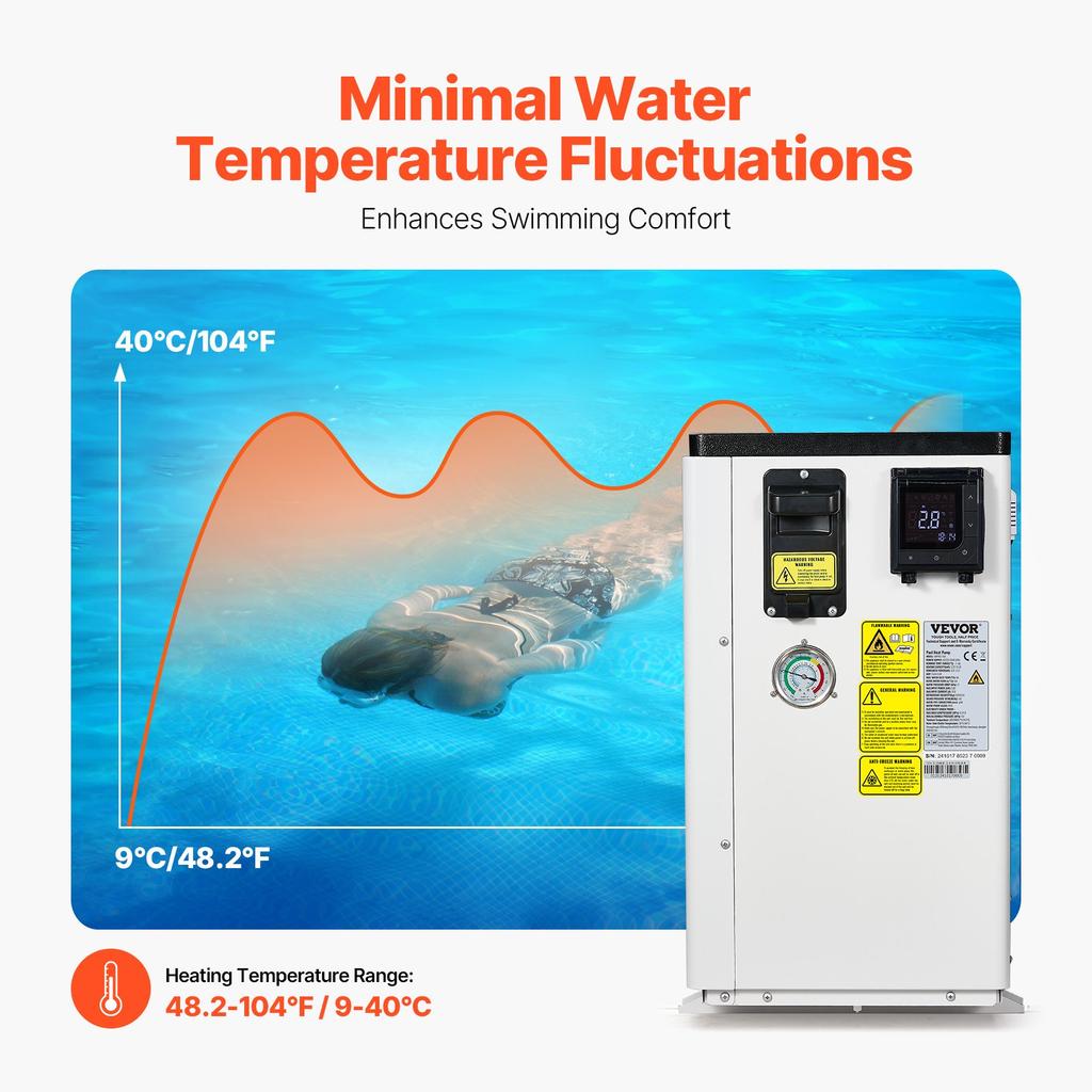 VEVOR Electric Pool Heat Pump, 3.22-15.25kW Heating Capacity, Energy-Saving Variable Frequency Pool Heaters for 30-60m³Above Ground Pools