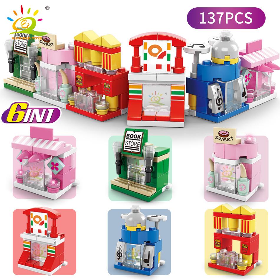 HUIQIBAO 6IN1 City Fire Car Police Truck Engineering Crane Building Blocks Tank Helicopter Bricks Set Toys for Children