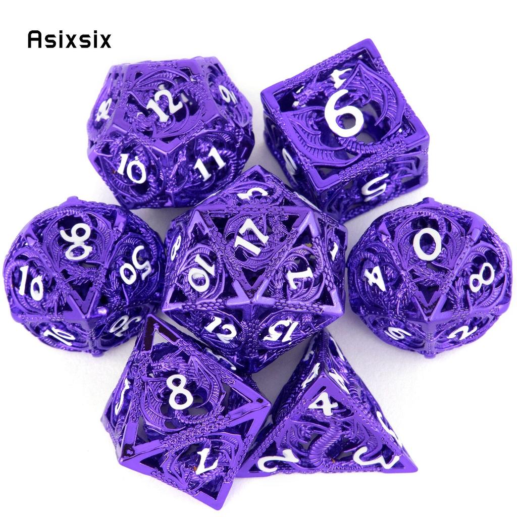 7 Pcs Purple White Dragon Metal Dice Hollow Metal Polyhedral Dice Set Suitable for Role-Playing RPG Board Game Card Game
