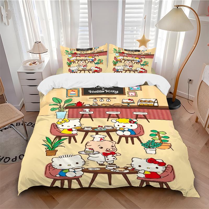 3 шт. Набор постельного белья Hello Kitty в кондитерской Включает пододеяльник и наволочки, Подходит для всех сезонов, Можно стирать в машине, Идеальный подарок W043