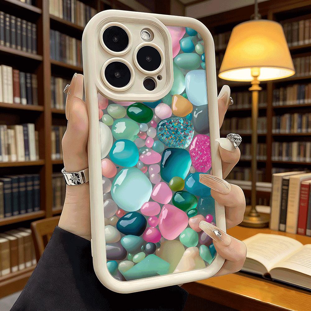 Глянцевый Цветной Чехол для Телефона с Текстурой Гальки для iPhone 17 16 15 14 13 12 11 Pro Max Plus, Защитный Гелевый Гибкий, Противоударный