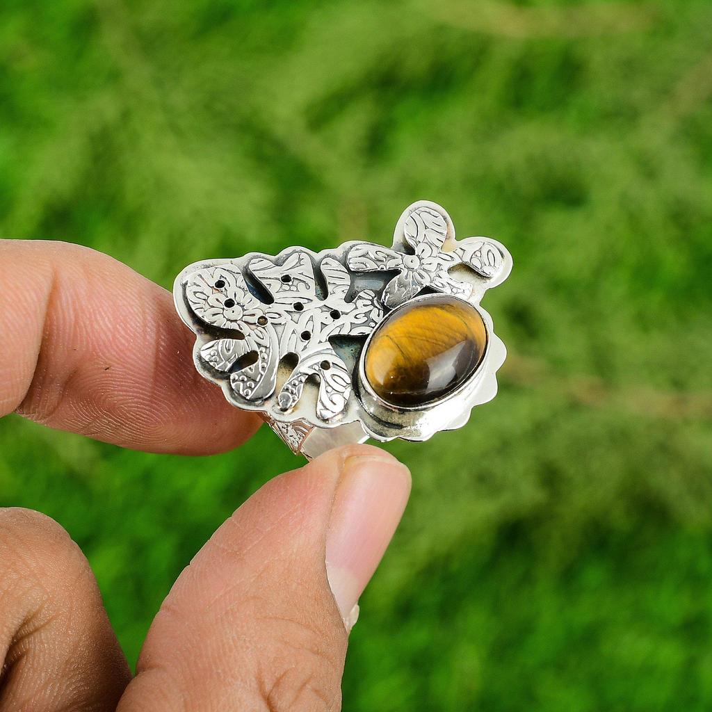 Natural TigerS Eye Gemstone 925 Silver Stackable Adjustable Ring For Girls