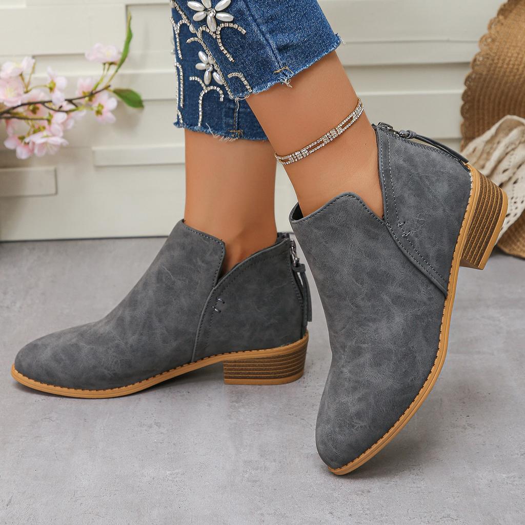 Европейские и американские большие размеры кожаные ботинки женские ботинки однотонные тонкий острый носок задняя молния повседневные толстая подошва толстый каблук мартин б