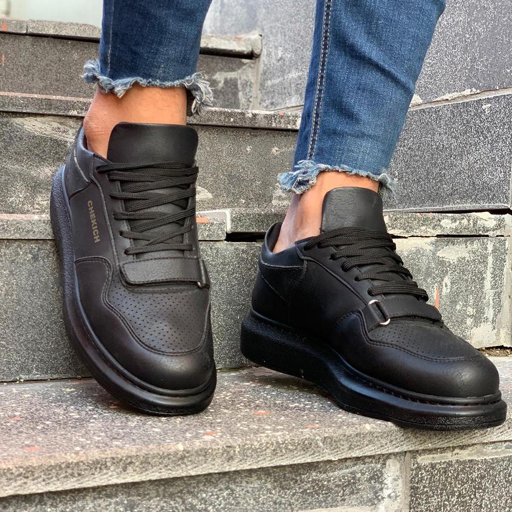 Chekich Мужская обувь. Повседневная обувь. Черный цвет. Искусственная кожа на шнуровке. Весенние и осенние сезоны. Вулканизированная лента на липучке. Белая высокая подошва. CH073.