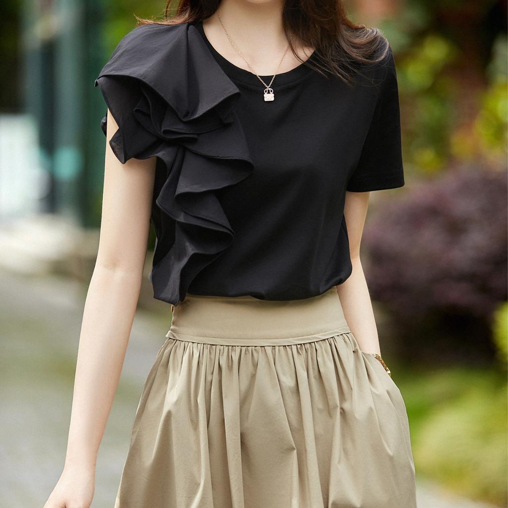 Нерегулярные оборки по краю, милый топ, темперамент, нишевый дизайн, футболка, женская летняя, простая, с круглым вырезом