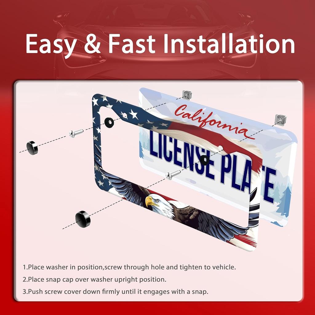 n Flag Eagle License Plate Frame Patriotic Eagle License Plate Colorful Stainless Steel Auto Parts Funny License Plate Decoration with Screws Size
