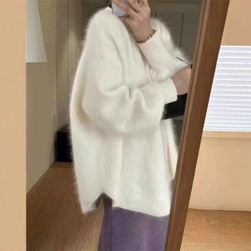 Womens Loose Fit Orange Raccoon Knit Sweater Mid-Length Warm Winter Pullover Slimming Stylish