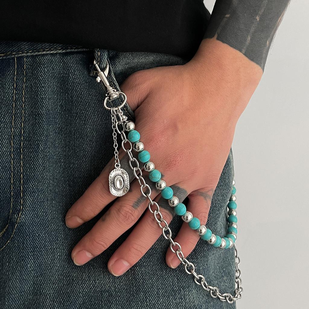 Fashion Turquoise Beaded Waist Chain for Men, Simple and High-End Denim Style Pendant, Hot-Selling Waist Chain