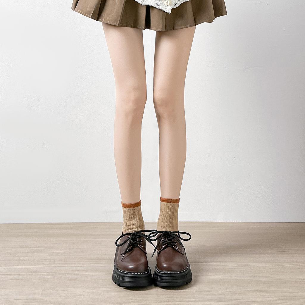 Weiwei girl 1388-1 круглые мокасины женские на платформе в британском стиле маленькие кожаные туфли со шнуровкой толстый каблук увеличивающий высоту одинарные туфли