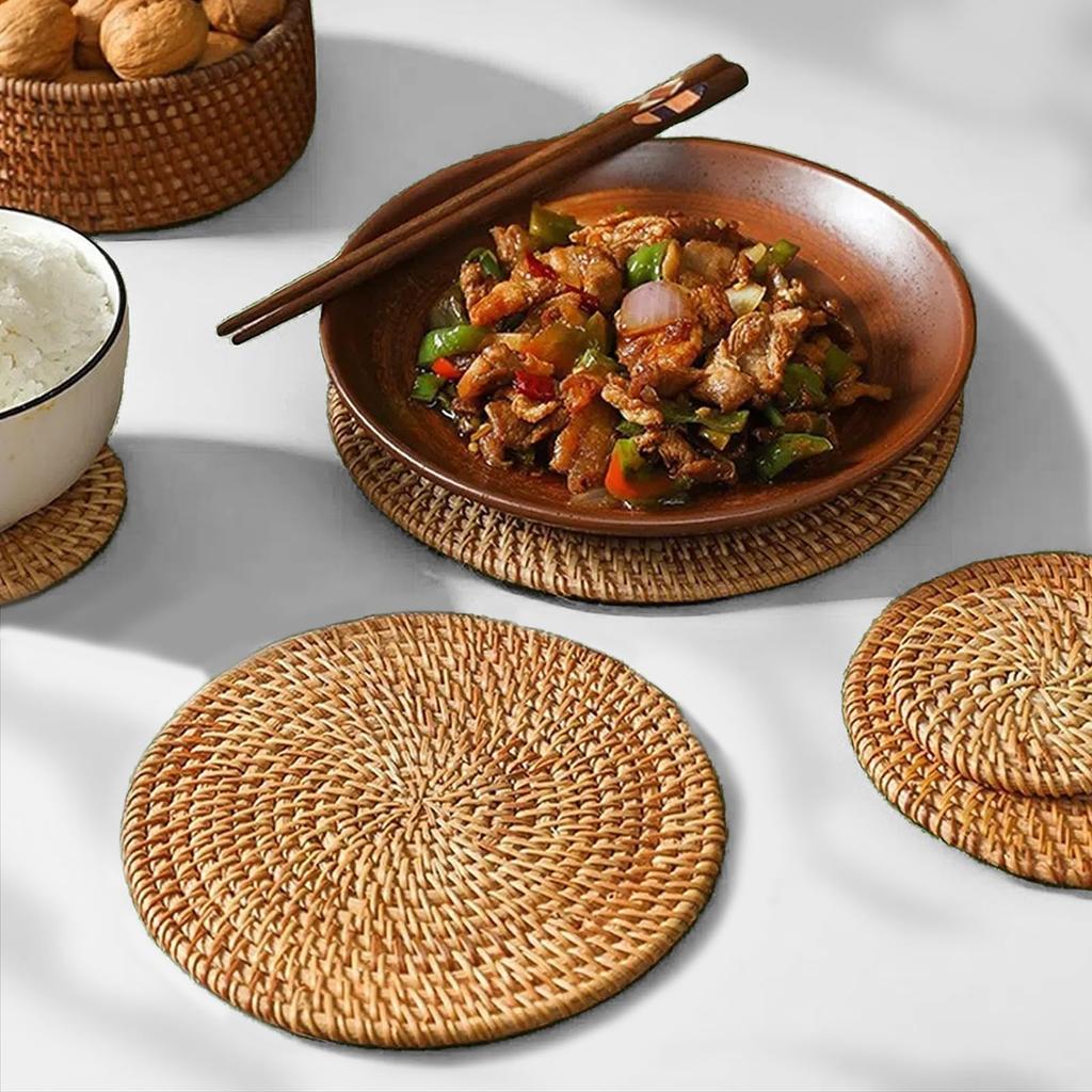 Набор из 2 ротанговых натуральных изолированных подставок для горячего, плетеные вручную ротанговые подставки для мелочей, изолированные подкладки и набор натуральных подставок ручной работы, набор термостойких подставок,