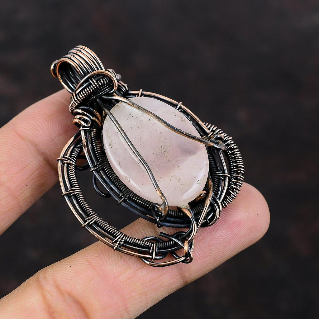 Кулон из розового кварца, медная проволока, кулон с драгоценным камнем, элегантный кулон, ювелирные изделия из розового кварца, медные украшения ручной работы для подарка, достойный кулон