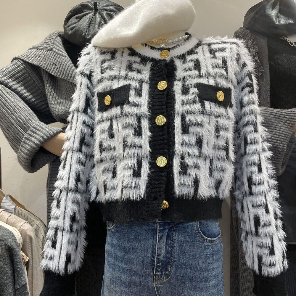 Women's Autumn/Winter Petite Faux Mink Knit Cardigan Sweater