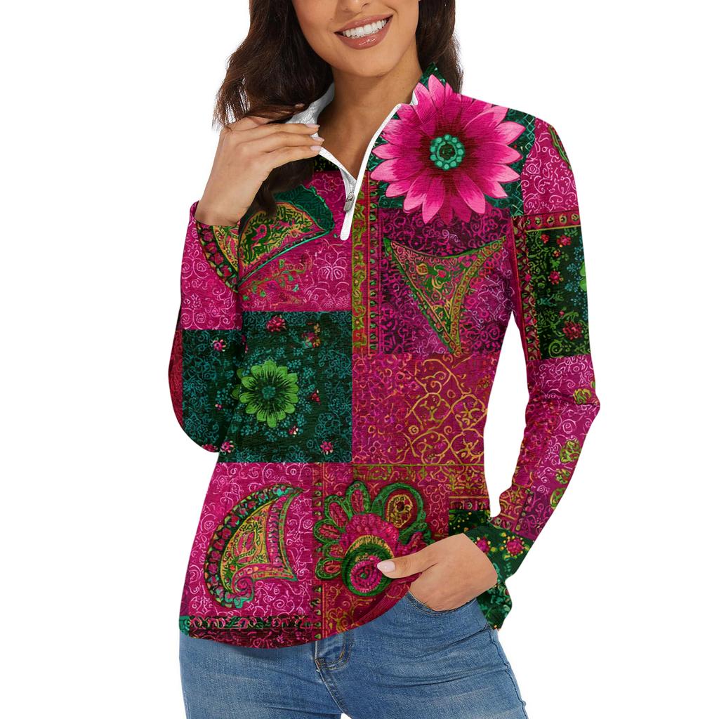 Women's Casual Fashion Retro Floral Print Long Sleeve Zipper Neck Top T-shirt