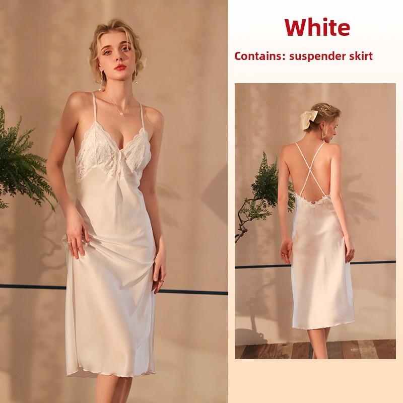 Сексуальная ночная рубашка Ice Lace Пижама Юбка с подтяжками Грудь Подкладка Свадебный халат Длинный Домашний халат