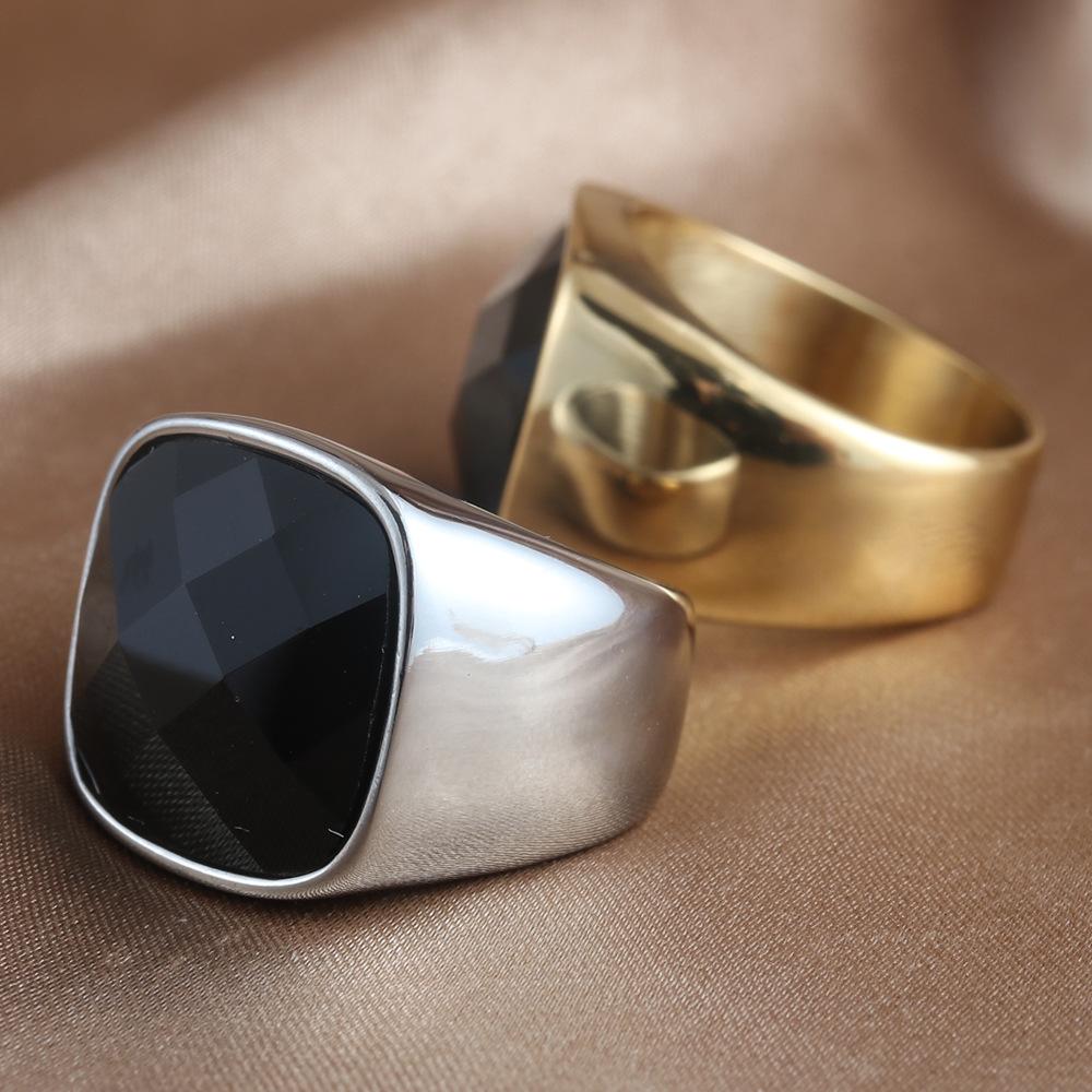European And American Jewelry Titanium Steel Square Black Stone Ring Retro Trendy Girl Stainless Steel Personalized Punk Glossy Ring 2701