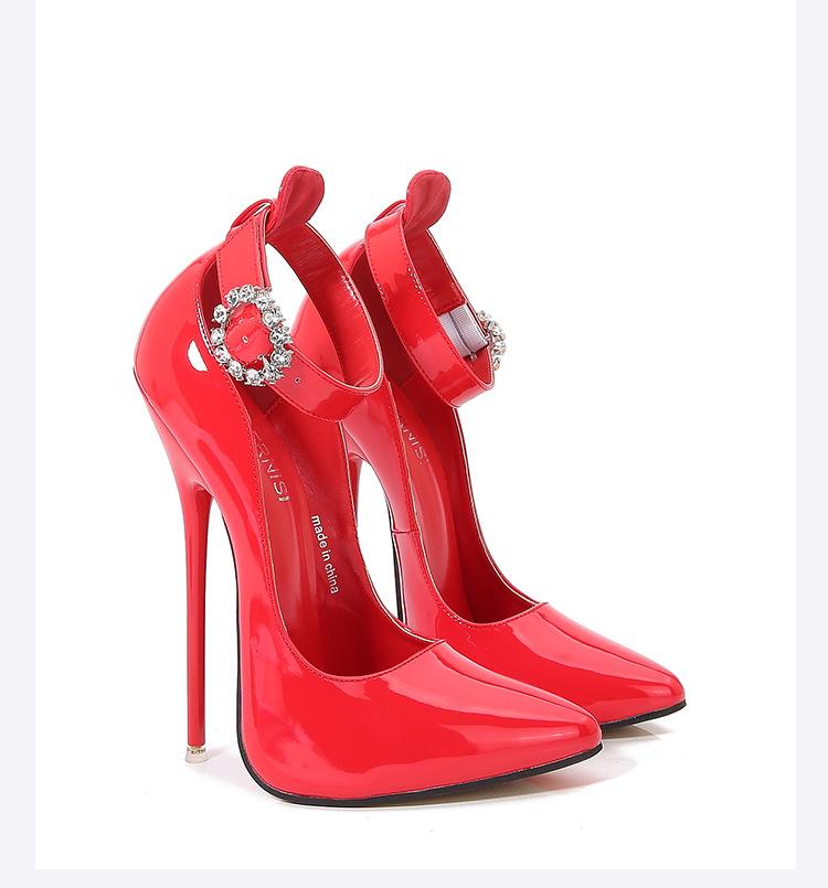Модный дизайн 16 см Унисекс Высокие каблуки Ремешок на щиколотке Сексуальные красные внутри Фетиш Стилетто Ремешок на подъеме Настраиваемые туфли-лодочки Большой размер 46