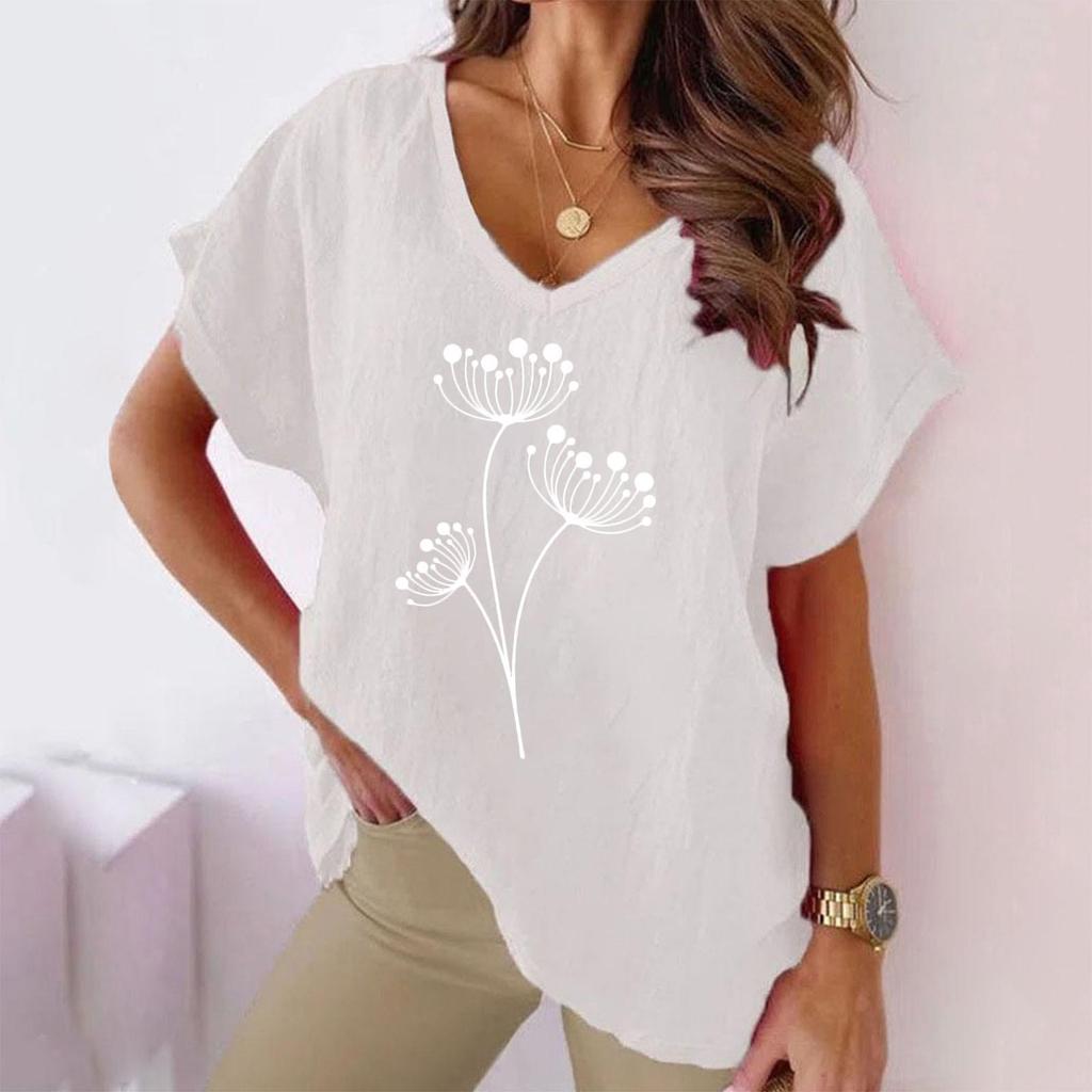 2023 Summer Floral Print V-neck Cotton Linen Casual Batwing Sleeve Women's T-shirt