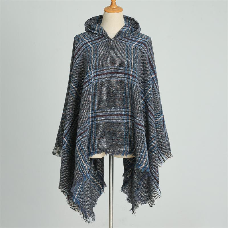 Накидка с капюшоном, клетчатый шарф, имитация кашемира, зимний с теплой шалью, пончо, накидка