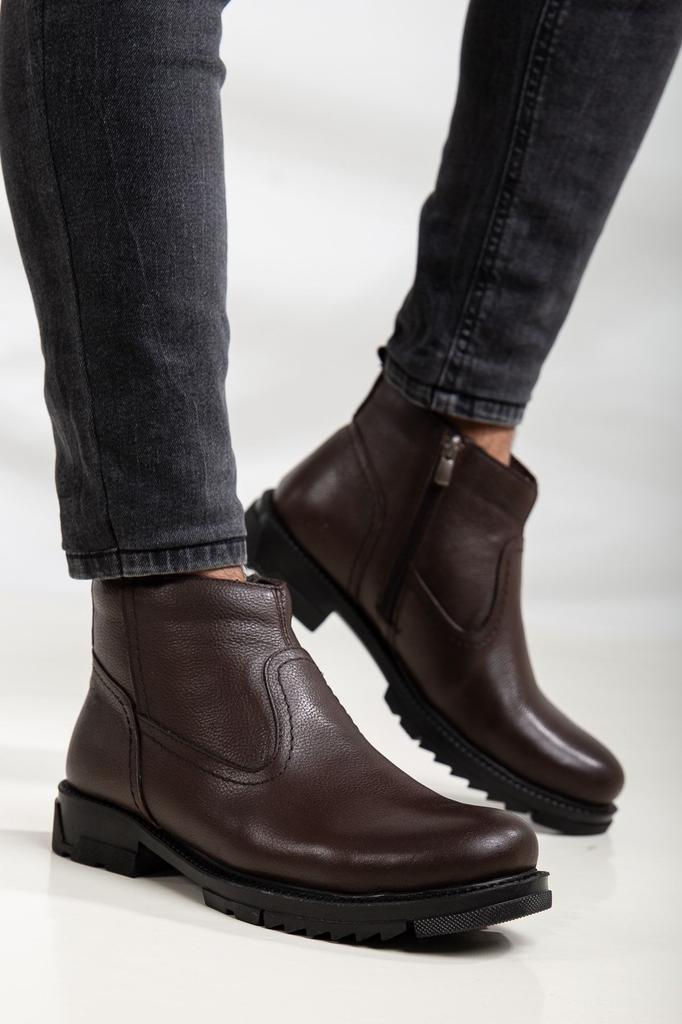 Men's Fashion Genuine Leather Thick Heeled Booties Furry Cold Proof Casual Boots Shoes