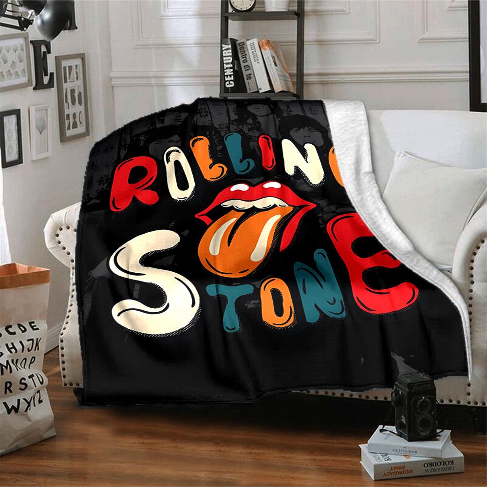 1pc Rolling Stone Flannel Blanket [Cozy Throw Blanket] For Sofa, Bed, Travel, Camping, Livingroom, Office, Couch, Chair, And Bed