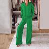 2 Pcs/Set Women Top Pants Suit V Neck Long Sleeves Solid Color Mid Length Sweatshirt Elastic Waist Wide Leg Trousers Sport Outfit Fall Spring