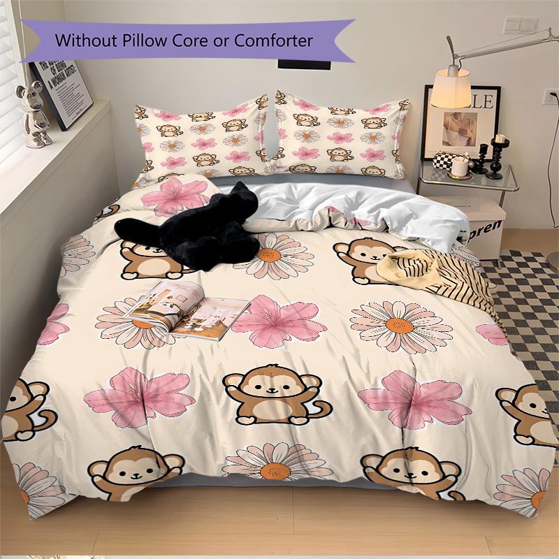 3pcs bedding set Monkey Cartoon Includes 1 Comforter + 2 Pillowcases, Without Pillow Inserts, Soft Comfortable, Lightweight Breathable011