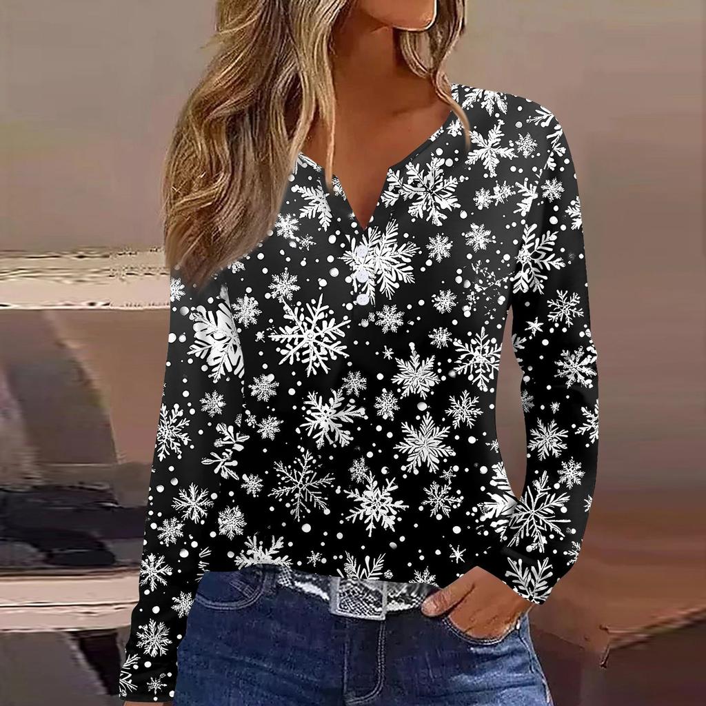 Женская футболка с рождественским принтом на пуговицах с длинным рукавом, повседневная, выходного дня, модная, базовая, с V-образным вырезом, обычная