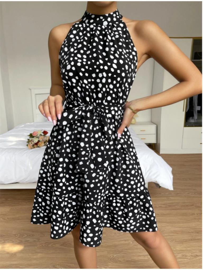 Halter Neck Round Dot Dress Lace Up Ruffle Edge Dress Sleeveless Chiffon Dresses Causal Women Dress