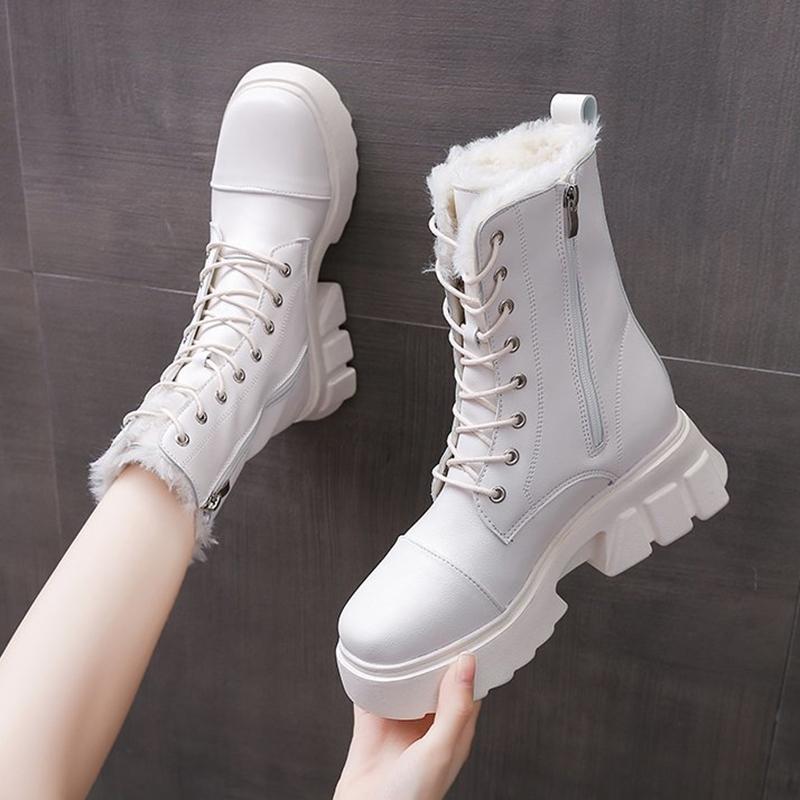 Women Winter Shoes Ankle Boots Leather Warm Plush Snow Boots Female Shoes Woman Chunky Platform Booties White Black