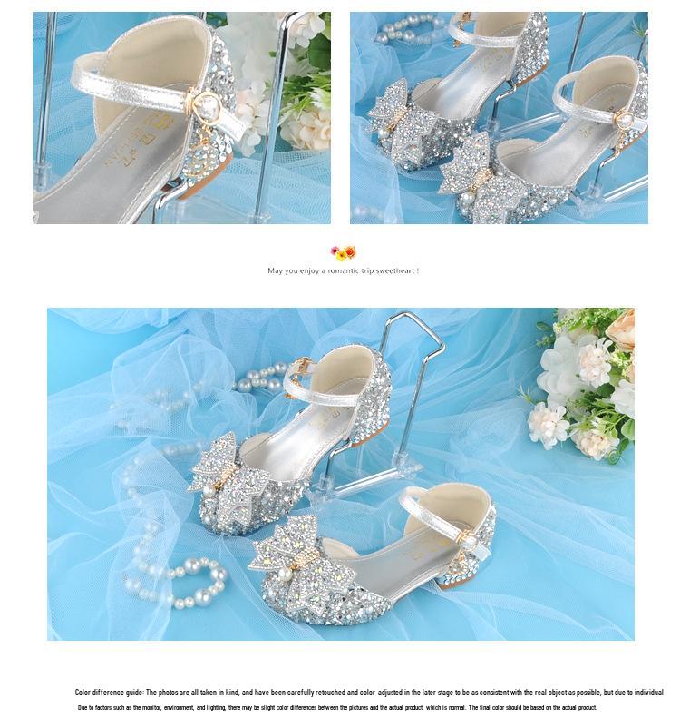New Arrival: Girls' Crystal Bow High Heels - Shiny Princess Shoes for Piano Performances, Leather Material