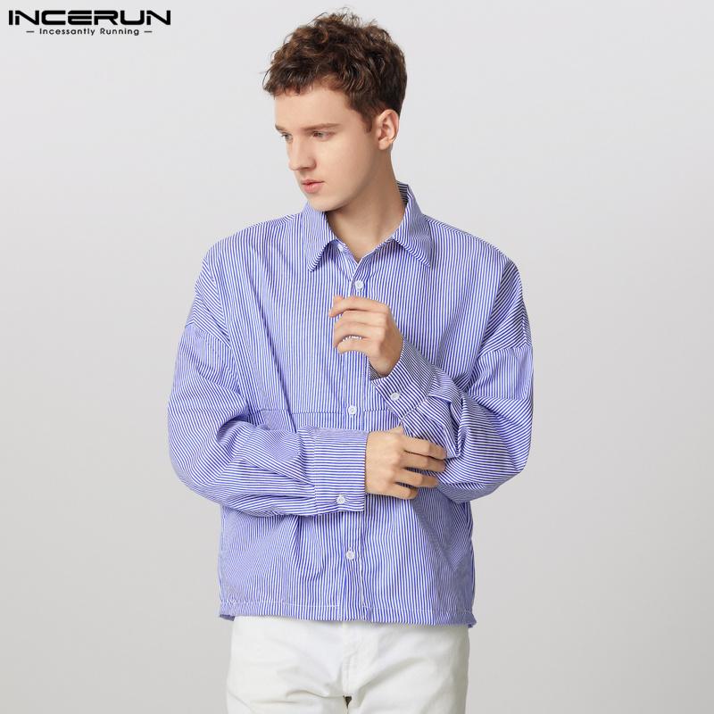 INCERUN Мужские рубашки с лацканами, длинными рукавами, в полоску, повседневные, на пуговицах