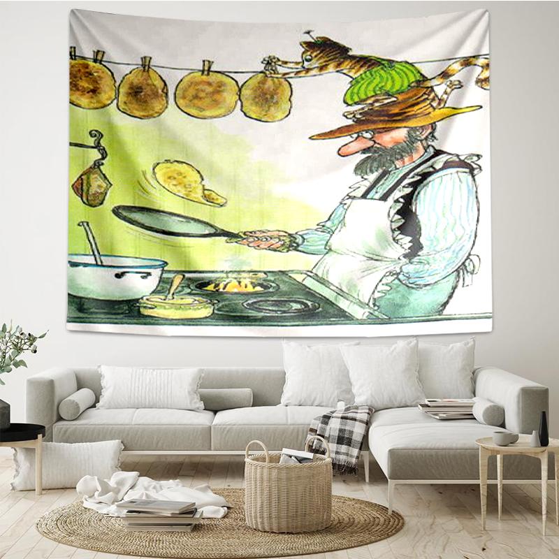 Pettson and Findus Print Tapestry, Backdrop, Easy Setup, Ideal for Bedroom, Office & Living Room, with Aesthetic Wall Hanging Decor.