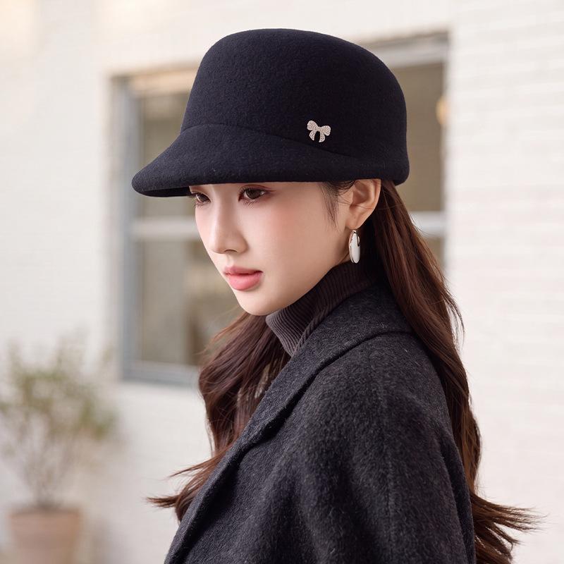 Retro rhinestone bow equestrian hat autumn and winter woolen short brim cap gentle commuting temperament hat women's