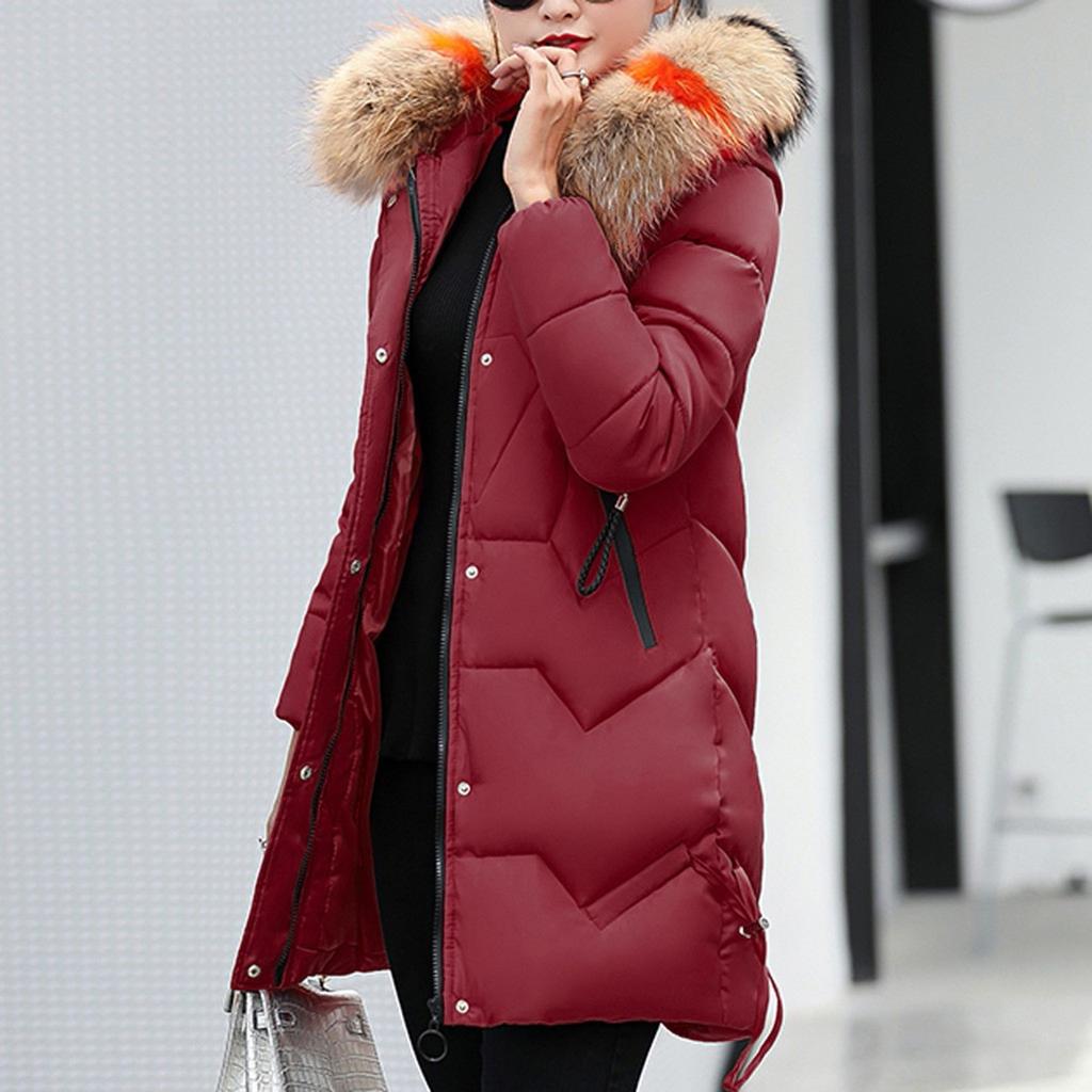 Женская мода с большим воротником для волос, тонкой талией, длинной пуховой хлопковой курткой, хлопковым пальто