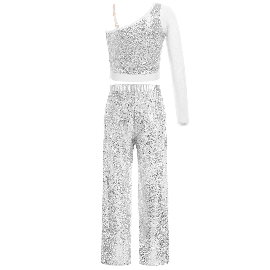 Girls Sparkly Dance Outfit Sheer Mesh Long Sleeve One Shoulder Crop Top