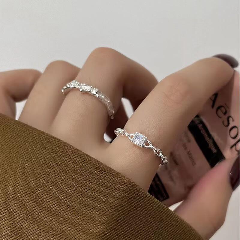 Shiny Small Square Diamond Tin Pattern Ring Women's Niche Design High-end Sense Simple Fashion Versatile Open Ring