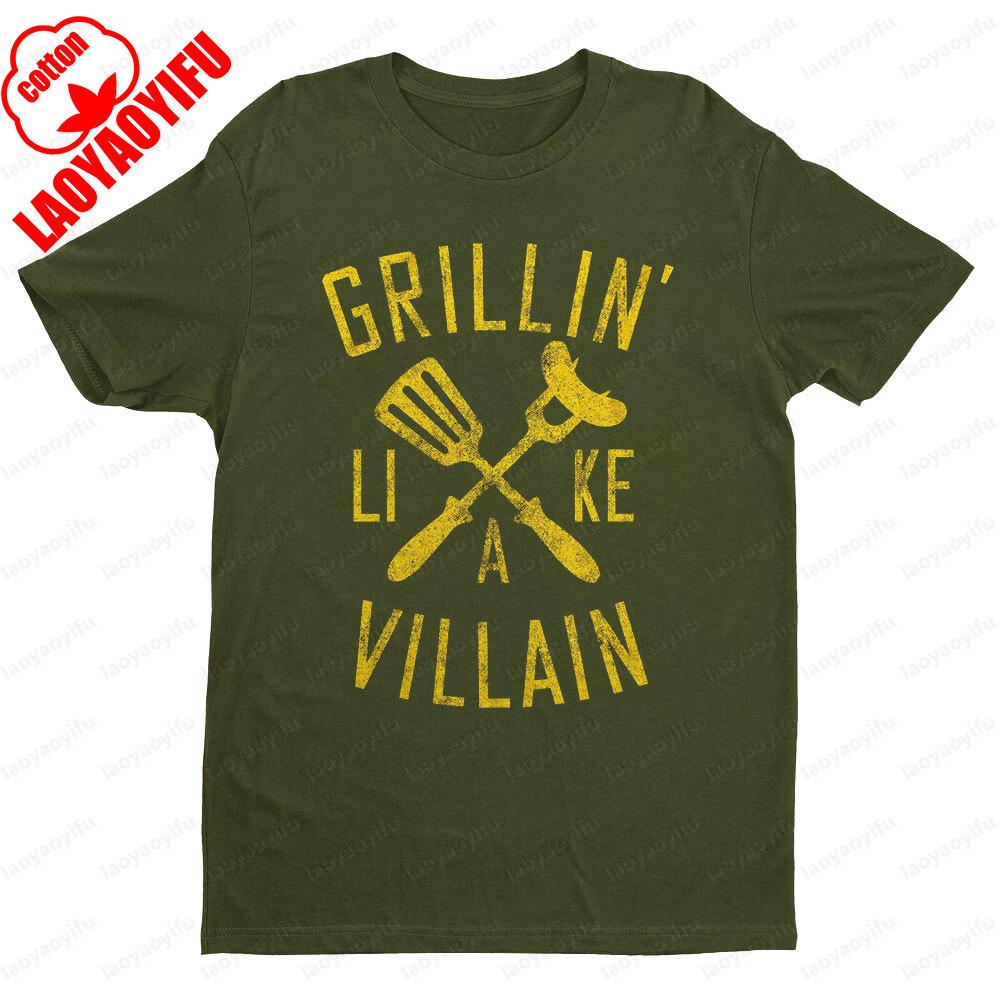 Grillin Like A Villain Mens T Shirt Funny Cookout Enthusiast Tee Tops Creative Pattern Tshirt BBQ Lover Gift Short Sleeve