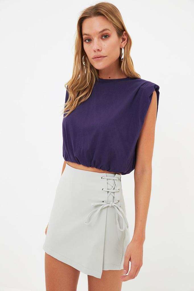 Women's Fashion Woven Short Skirt with Mink Binding and Eyelet Detail