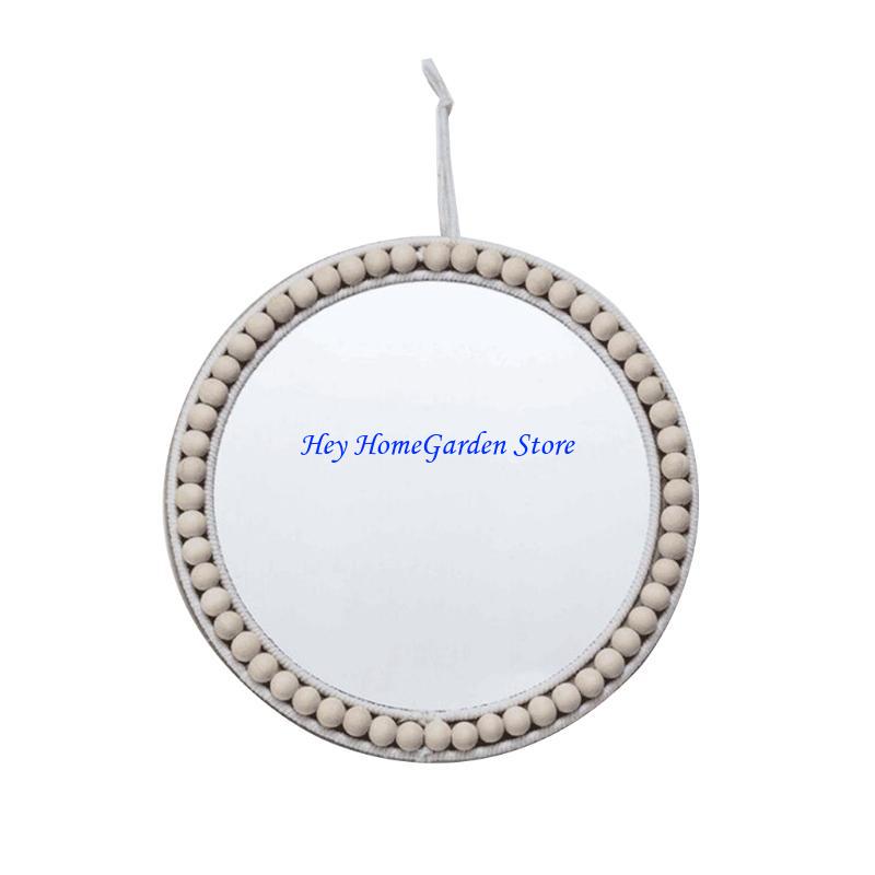 652F Rattan Round Wall Hanging Mirror Bohemian Macrame Wooden Bead Circle Tapestry