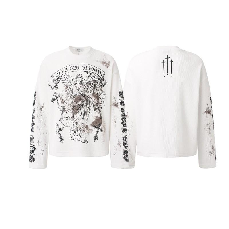 Mens Oversized Cotton Long Sleeve Graphic Hoodie Streetwear Urban Dark Academia Cross Print Crewneck Sweatshirt